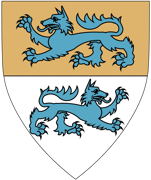 Device: Per fess Or and argent, two wolves passant counter-passant azure
