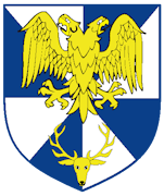 Device: Gyronny argent and azure, a double-headed eagle and in base a stag's head cabossed Or.
