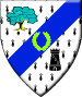 Rivenwood Tower - Blazon: Ermine, on a bend sinister azure between a tree eradicated proper and a tower sable, a laurel wreath palewise argent