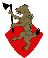 Device: Per chevron argent and gules, a brown hyena rampant proper maintaining an axe sable. 