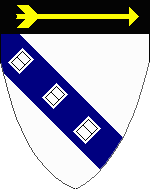 Device: Argent, on a bend azure three open books argent, and on a chief sable, an arrow Or.