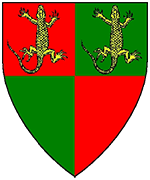 Device: Quarterly gules and vert, two lizards in chief tergiant Or. 

This device was approved in 2013.