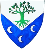 Device: Per chevron inverted argent and azure, a tree eradicated vert and three decrescents argent