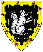 Device: Sable, semy of Crosses crosslet fitchee Or, a Squirrel sejant countourne Argent. A Bordure embattled Or charged with Swords Gules.