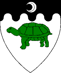 Device: Argent, a turtle statant vert, on a chief wavy sable an increscent argent.