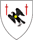 Device: Argent, on a falcon volant to dexter chief sable between in chief two swords inverted gules a mullet of eight points Or.
