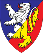 Device: Per bend sinister azure and gules, a lion rampant per bend sinister argent and Or