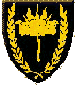 Trewint - Blazon: Sable, in pale a sunburst conjoined to a demi-lightning bolt issuant to base and a laurel wreath Or
