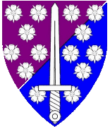 Device: Per bend sinister purpure and azure semy of roses, a sword argent.