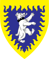 Device: Azure, a bear rampant contourny argent gorged of a embattled coronet sable, a bordure rayonny Or.