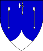 Device: Azure, a point pointed and in Chief an Axe between, in fess, two Arrows Argent.