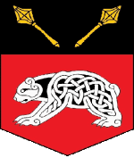 Device: per fess sable and gules, two maces in chevron inverted handles to center Or and a polar bear statant proper