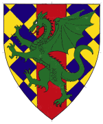 Device: Lozengy Or and azure, a pale gules, overall a dragon vert