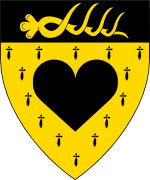 Device: Erminois, a heart, on a chief Sable a stags attire or