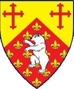 Device: Per chevron Or and gules semé-de-lys Or, two Latin crosses fleury gules and a bear rampant argent