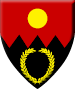 Darkstone - Blazon: Per fess indented gules and sable in chief a bezant in base a laurel wreath Or
