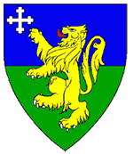 Device: Per fess azure and vert, a lion rampant Or and in canton a cross crosslet argent.