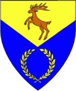 Heorot Denu - Blazon: Per chevron inverted, Or and azure, a stag salient proper in base a laurel wreath Or