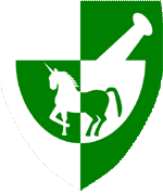 Device: Per pale argent and vert a mortar and pestle charged with a unicorn passant all counterchanged
