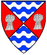 Device: Per saltire barry wavy azure and argent and gules, in fess two garbs argent