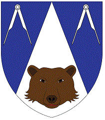 Device: Per chevron throughout azure and argent, two compasses argent and a brown bear's head cabossed proper.