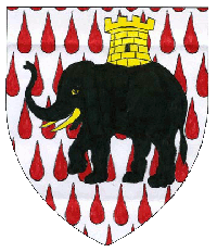 Device: Argent goutty de sang, an elephant passant sable tusked and maintaining a tower on its back Or.