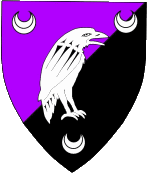 Device: Per bend sinister purpure and sable, a raven contourny between three crescents argent.