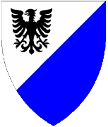 Device: Per bend sinister argent and azure, in chief an eagle sable